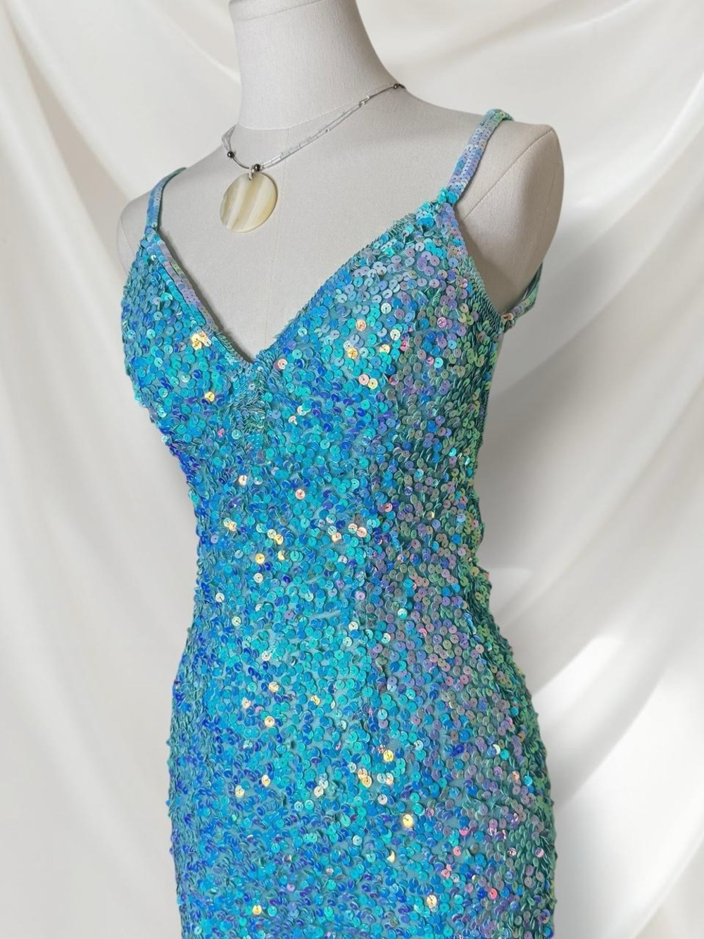 Sequin Mermaid Evening Dress in Aqua Blue - Strappy Back - Picture 2 of 8